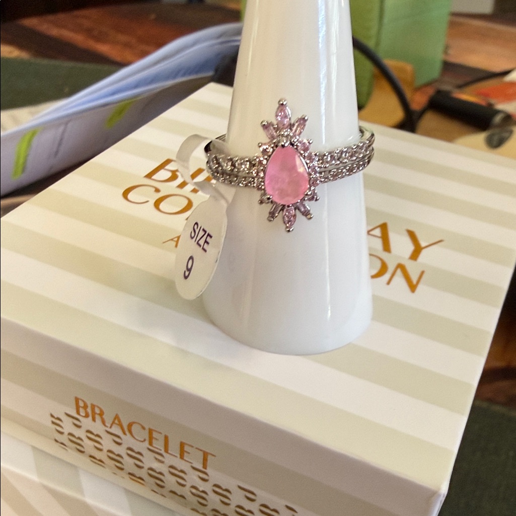 Pink Teardrop Crystal Ring With Pav Silver Band - Women's Ring